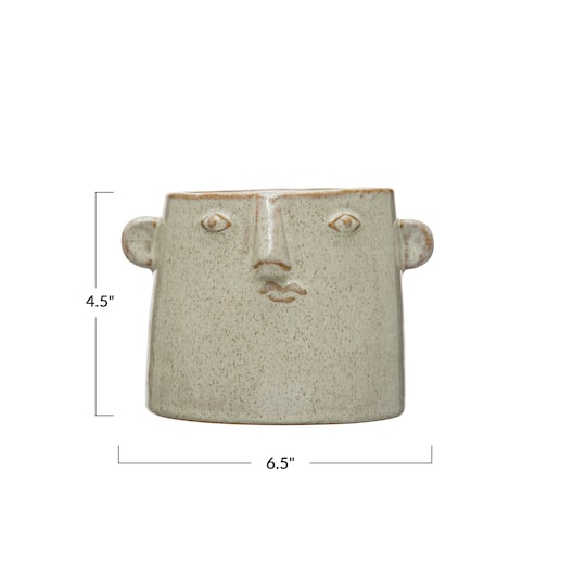 6.5&#x22; White Stoneware Planter with Abstract Face